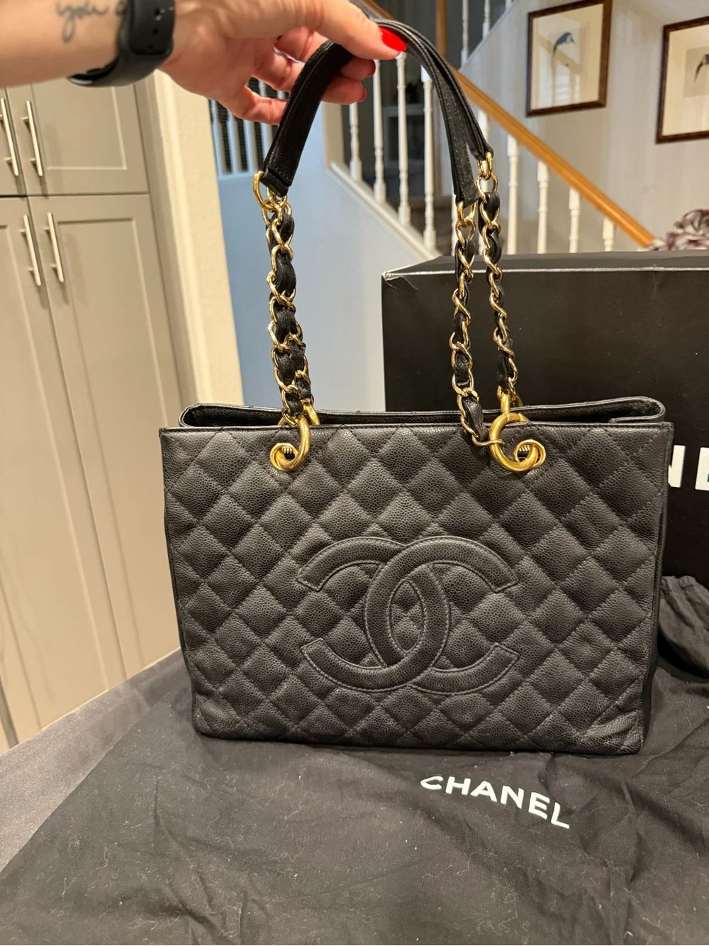 Authentic Chanel GST Grand Shopping Tote Black Caviar Gold Hardware +Entrupy EUC - Picture 6 of 16